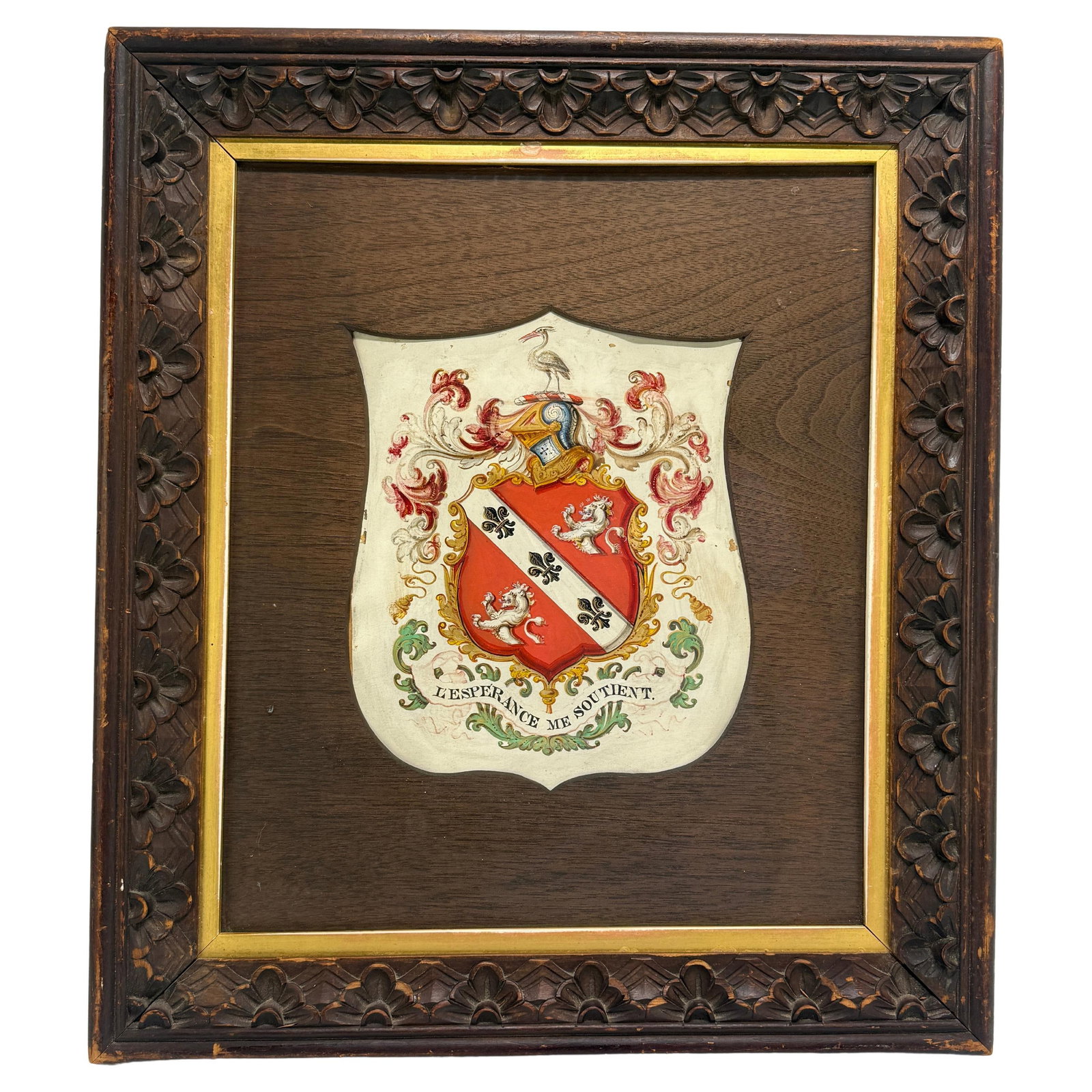 19th Century Heraldic Shield Painting on Vellum with Motto L'Esperance Me Soutient: 19th Century Heraldic Shield Painting on Vellum with Motto L'Esperance Me Soutient This exquisite 19th-century heraldic shield painting is a stunning example of Continental armorial art, executed in g