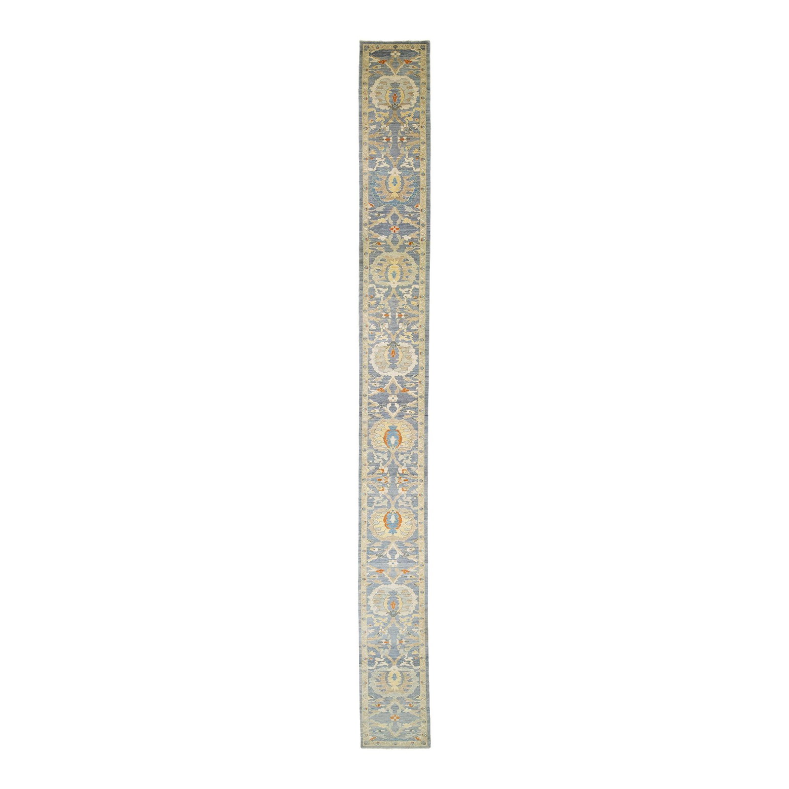 Handmade Blue Wool Runner Floral Design 3'5" x 34'6": Handmade Blue Wool Runner Floral Design 3'5" x 34'6" Enhance your space with this exquisite handmade wool runner, featuring a stunning blue background embellished with a vibrant multicolor floral moti