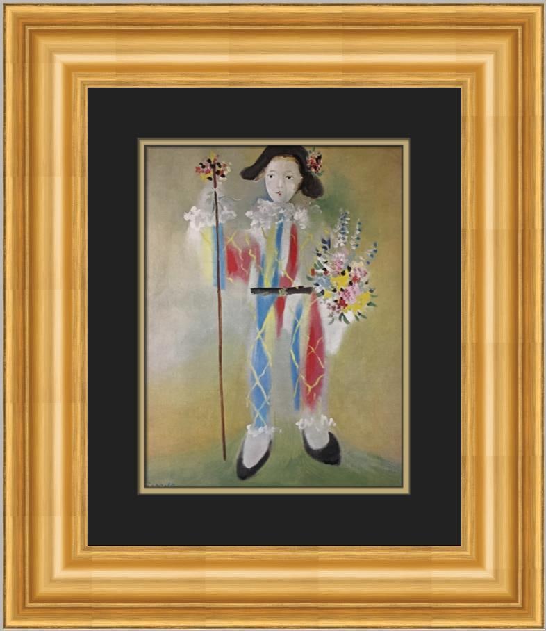 Pablo Picasso Paulo as Harlequin Custom Framed Print 21x19: Pablo Picasso Paulo as Harlequin Custom Framed Print 21x19 This stunning custom framed print by Pablo Picasso depicts 'Paulo as Harlequin with Flowers', showcasing a vibrant representation of children