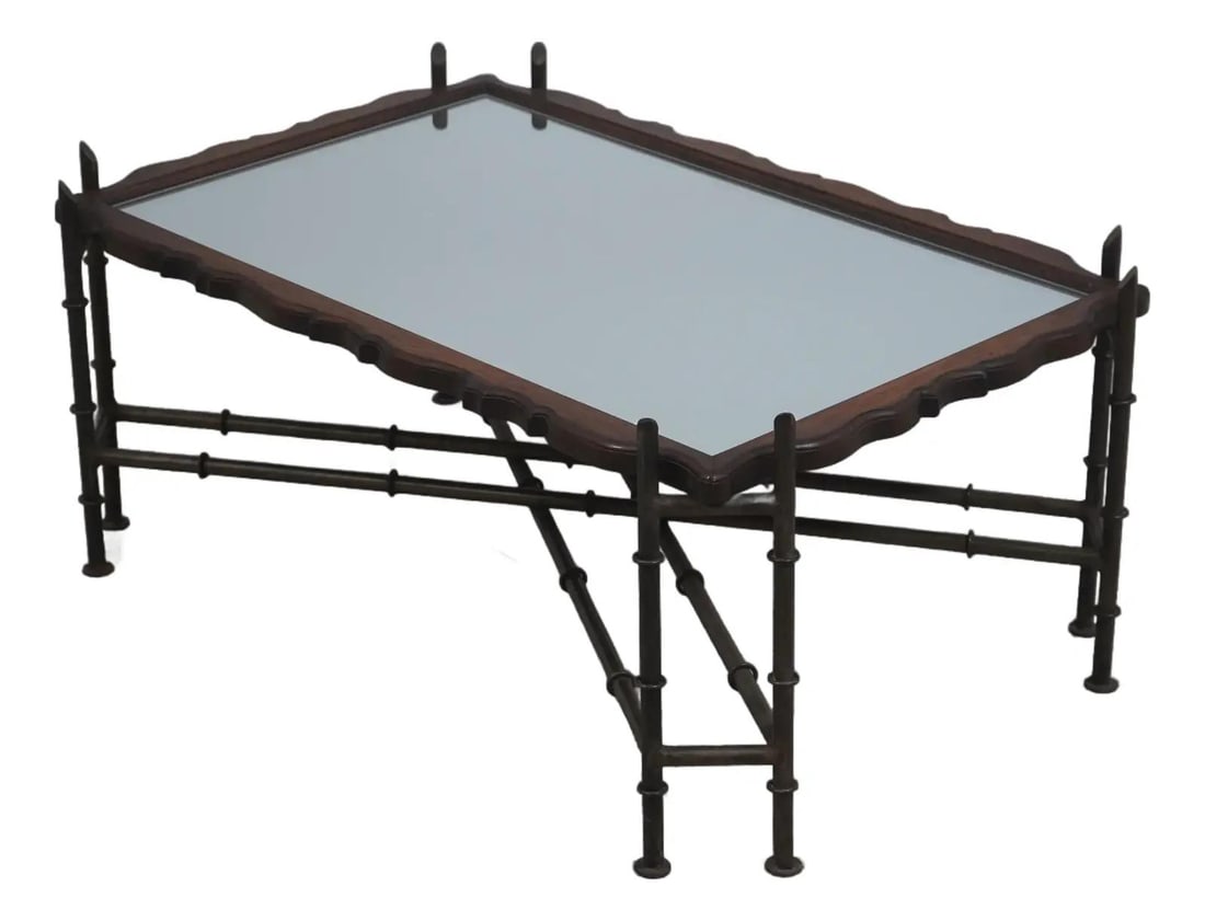 Oak Tray Top Coffee Table with Mirror Bamboo Form Iron Base (1 of 10)