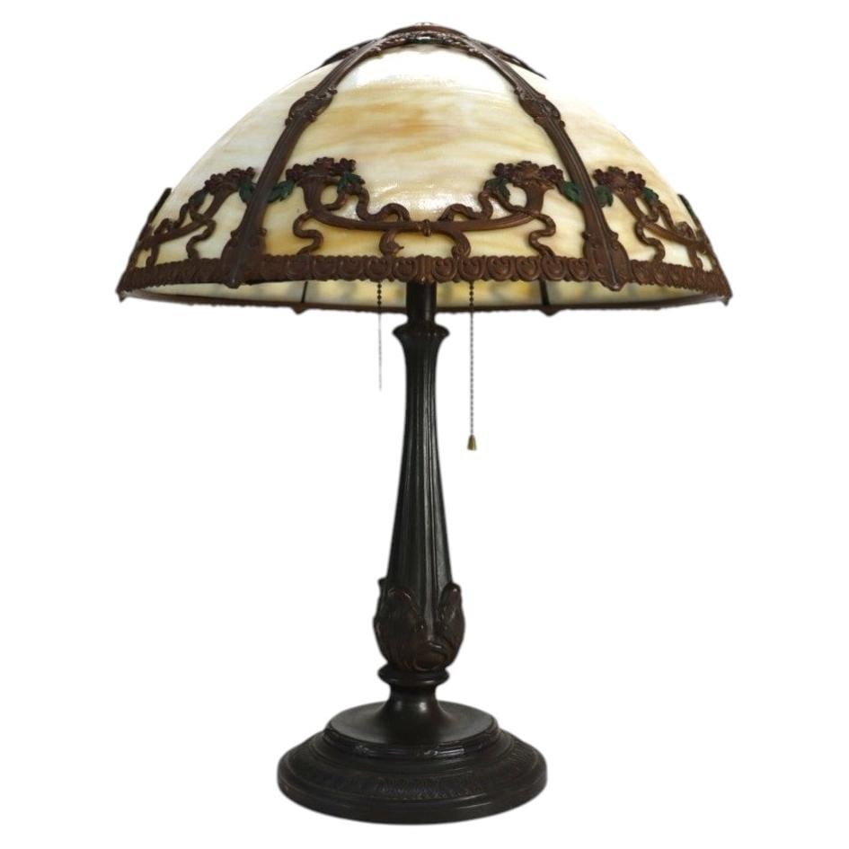 Arts Crafts Bradley Hubbard slag glass table lamp 6 panel c1920 (1 of 12)