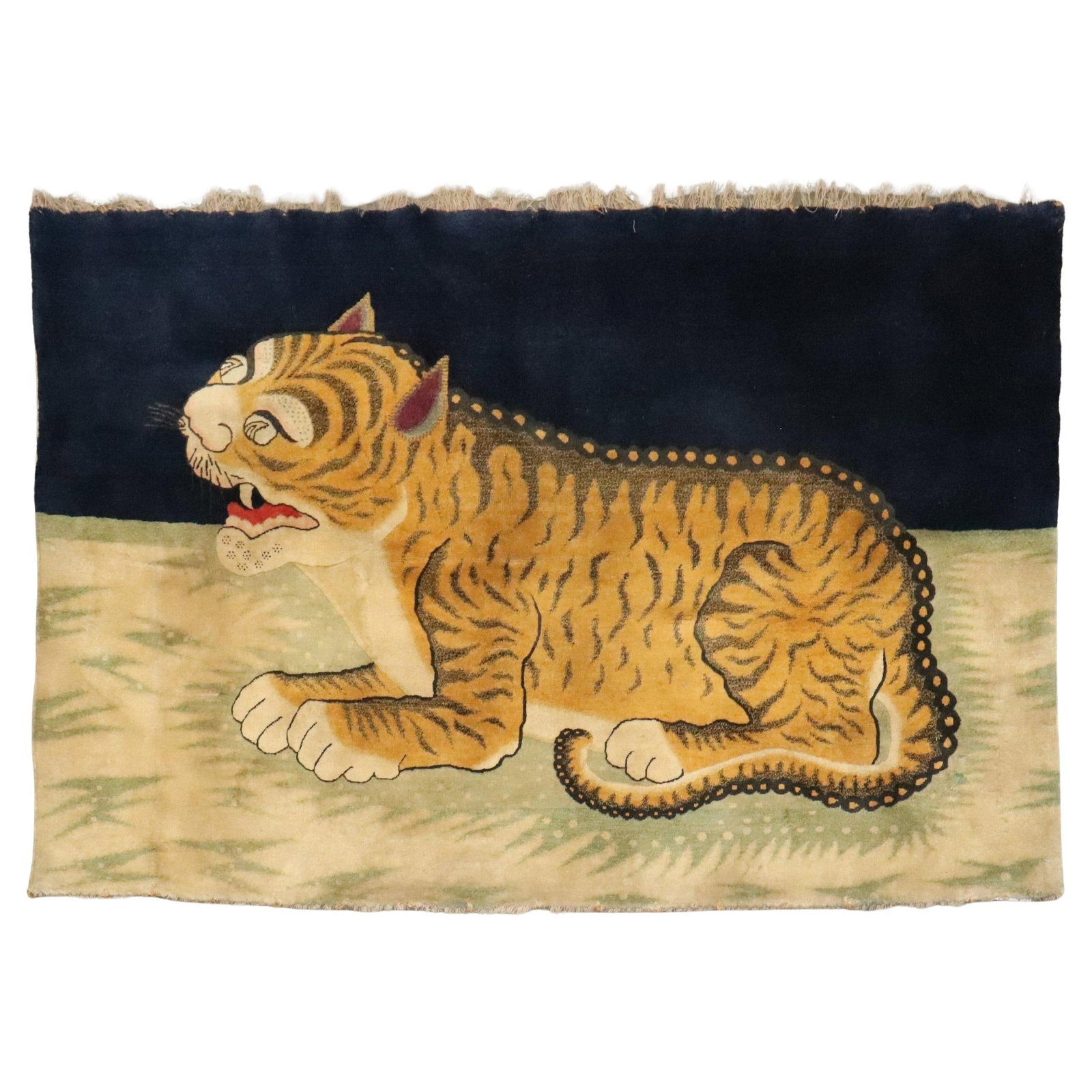 Rare Early 20th Century Tibetan Wool Cheetah Rug 4x6: Rare Early 20th Century Tibetan Wool Cheetah Rug 4x6 This exquisite antique Tibetan rug showcases a striking large tiger design, beautifully hand-woven from high-quality wool. With its vibrant express