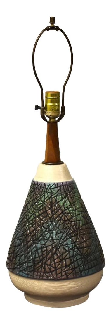 Mid Century Modern Blue Grey Ceramic Walnut Table Lamp 24 Inches (1 of 5)
