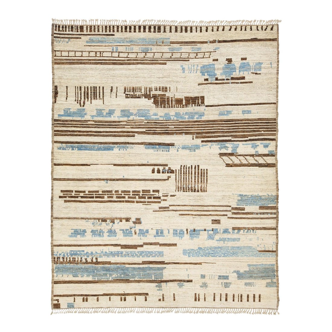 10' x 12'6" Wool Rug With Abstract Cream and Blue Moroccan-Inspired Design: 10' x 12'6" Wool Rug With Abstract Cream and Blue Moroccan-Inspired Design This handwoven wool rug showcases a modern Moroccan-inspired design with a captivating abstract pattern in cream, brown, and 