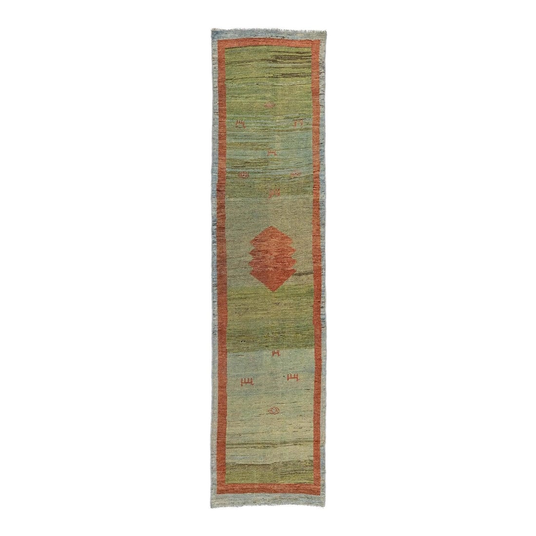 Persian Gabbeh Wool Runner 2'7'' x 10'6'' Tribal Design: Persian Gabbeh Wool Runner 2'7'' x 10'6'' Tribal Design This handmade Persian Gabbeh runner is crafted from 100% natural, hand-spun wool, offering a plush pile and the distinctive abrash, or natural c