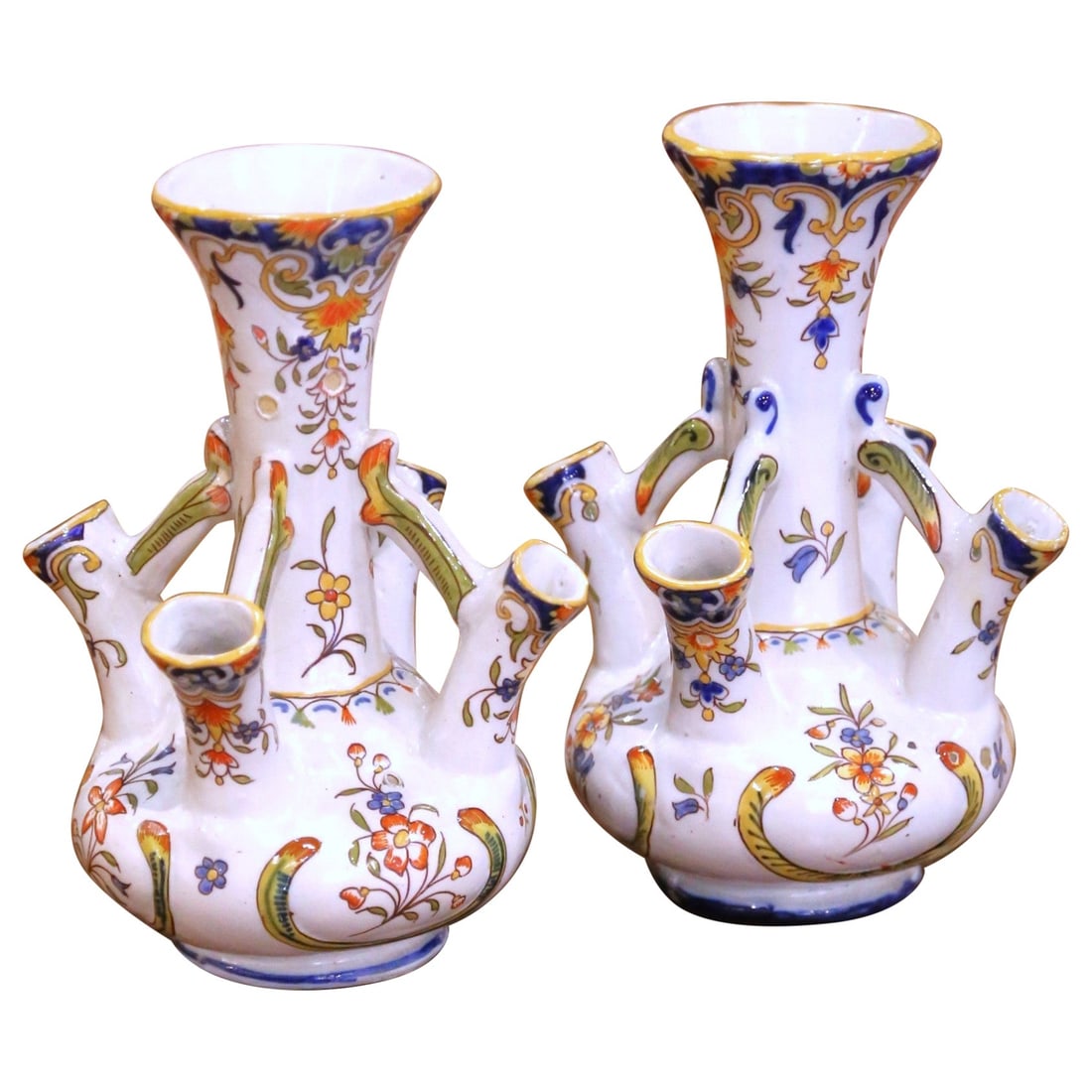 Set of 2 French Rouen Faience Tulipiere Ceramic Vases 8.5 In (1 of 11)