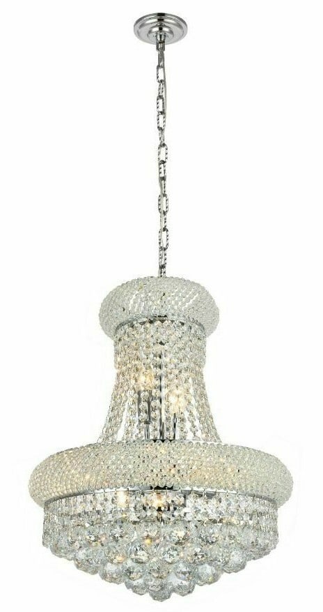 Primo 8 Light Chrome Crystal Empire Chandelier 16 in: Primo 8 Light Chrome Crystal Empire Chandelier 16 in This 8-light chandelier pendant features a chrome/silver finish with clear Royal Cut crystals and an Empire-style shade shape. It is hardwired, hei