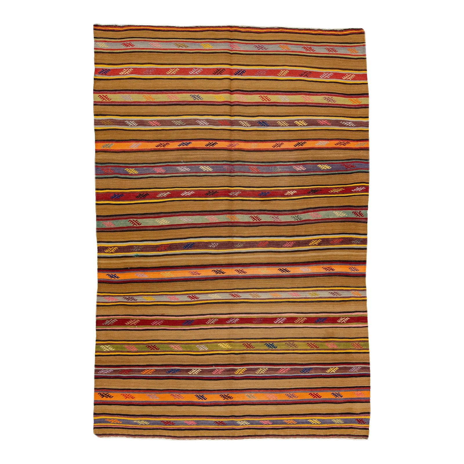 1960s Handmade Kilim Wool Rug Multicolor Stripe Design 5'5 x 8'3: 1960s Handmade Kilim Wool Rug Multicolor Stripe Design 5'5 x 8'3 Discover this stunning 1960s Vintage Kilim handmade wool rug, showcasing a vibrant multicolor stripe design complemented by an all-over