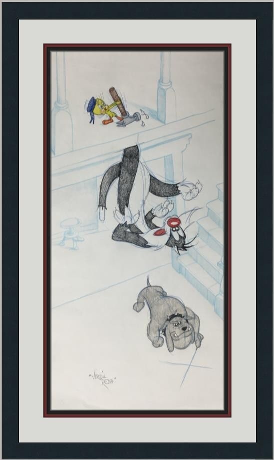 Virgil Ross Signed Looney Tunes Model Sheet Sylvester Tweety Custom Framed Artwork: Virgil Ross Signed Looney Tunes Model Sheet Sylvester Tweety Custom Framed Artwork This original model sheet drawing features beloved characters Sylvester, Tweety, and Hugo as illustrated by renowned 