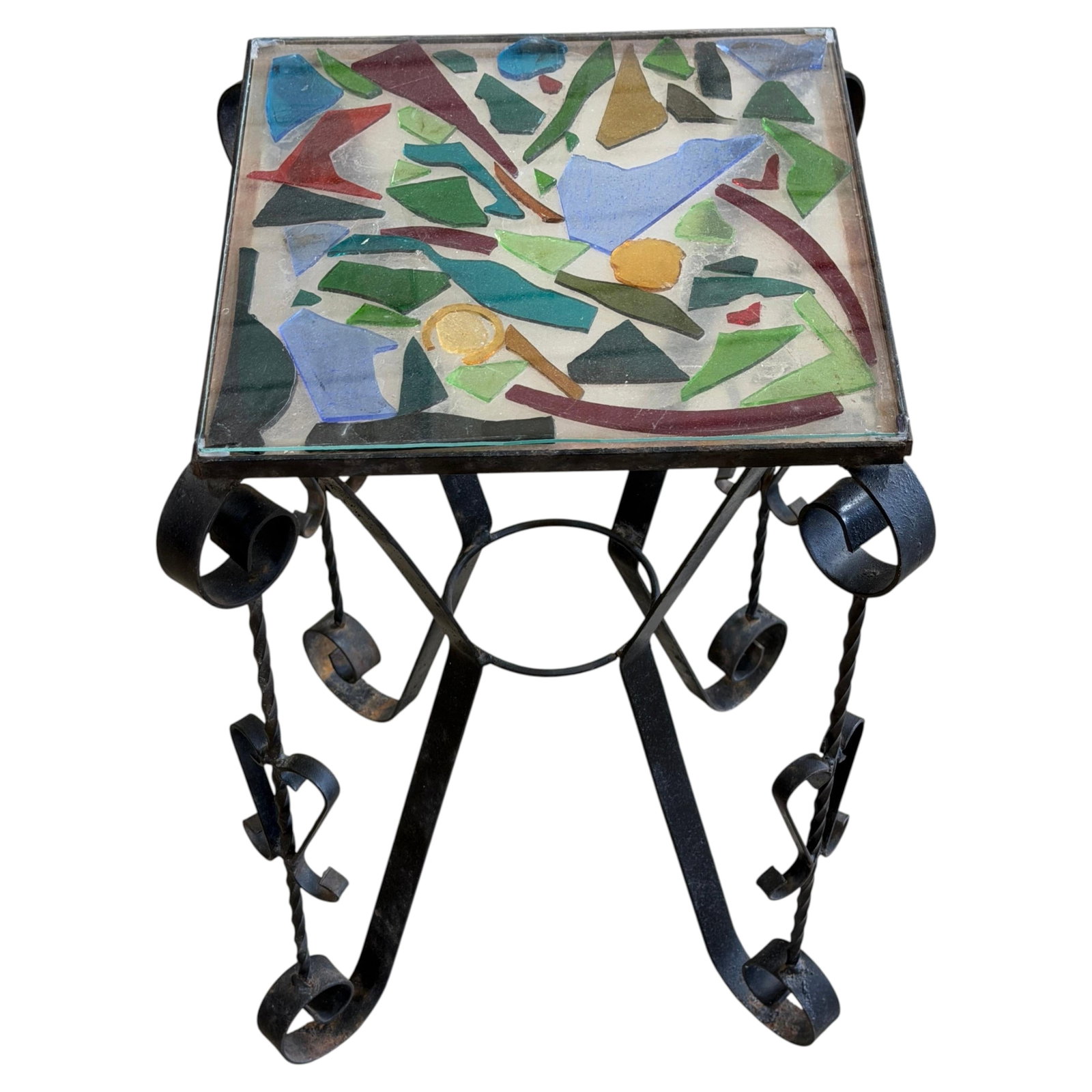 1960s Italian Modern Wrought Iron Table With Abstract Mosaic Glass Top (1 of 9)
