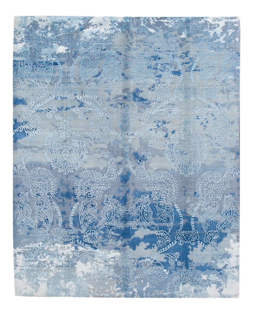Hand-Knotted 21st Century Wool Silk Indian Rug 8' x 10': Hand-Knotted 21st Century Wool Silk Indian Rug 8' x 10' Discover elegance with this stunning hand-knotted Modern Indian rug, showcasing a rich blue field adorned with dark blue, gray, and ivory accent
