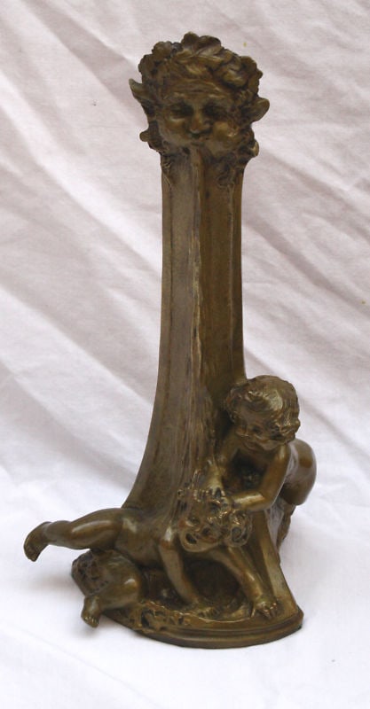19th Century Art Nouveau Bronze Vase by F Debrune: 19th Century Art Nouveau Bronze Vase by F Debrune This exquisite 19th century French Art Nouveau bronze vase, crafted by artist F. Debrune, features two cherubs playfully showering in a fountain. The 