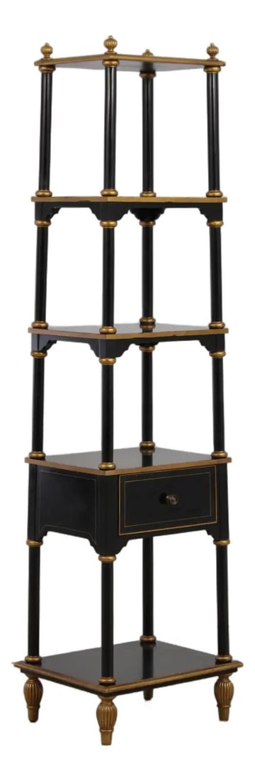 Black Gold Regency Style Wood Etagere Bookshelf 5 Tier Drawer (1 of 10)
