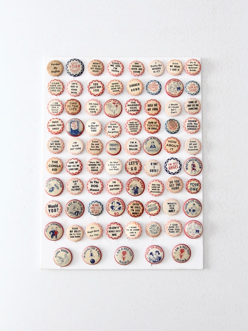 Vintage 1930s-1940s Pinback Button Collection on Canvas 77 Pins (1 of 10)