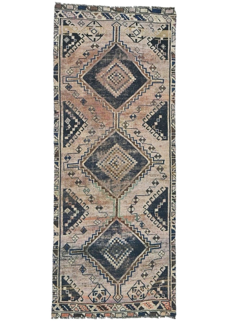 Hand Knotted Wool Tribal Runner Rug 3'6 x 8'10 Vintage Geometric: Hand Knotted Wool Tribal Runner Rug 3'6 x 8'10 Vintage Geometric This stunning Antique Distressed Tribal Oriental Runner Rug is a perfect blend of vintage charm and functionality. Measuring 3'6" x 8'1