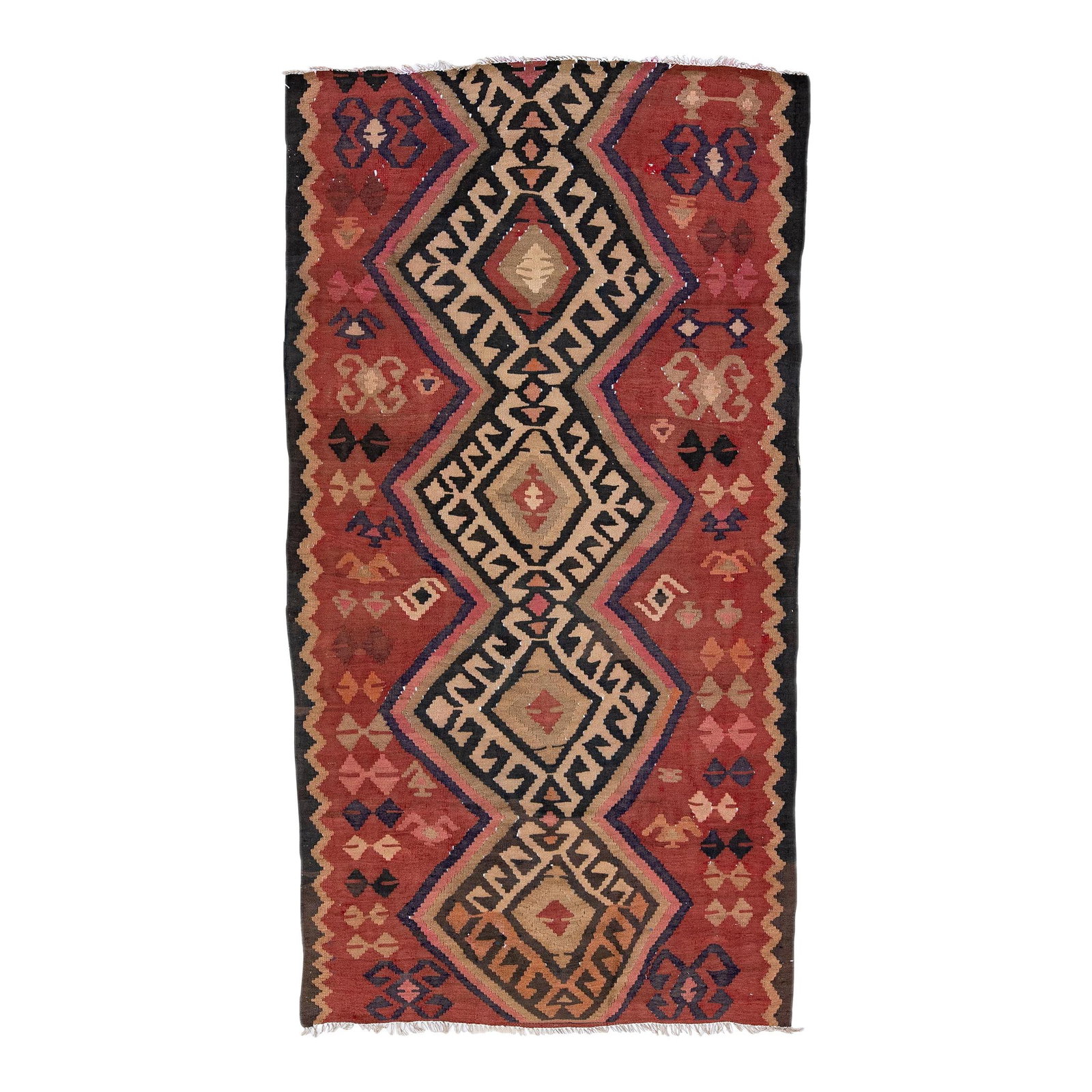 Vintage Turkish Kilim Red Handmade Wool Rug 4'11 x 9'3 Tribal Design: Vintage Turkish Kilim Red Handmade Wool Rug 4'11 x 9'3 Tribal Design This exquisite vintage Turkish Kilim rug is a stunning addition to any space, featuring a vibrant red field beautifully contrasted 