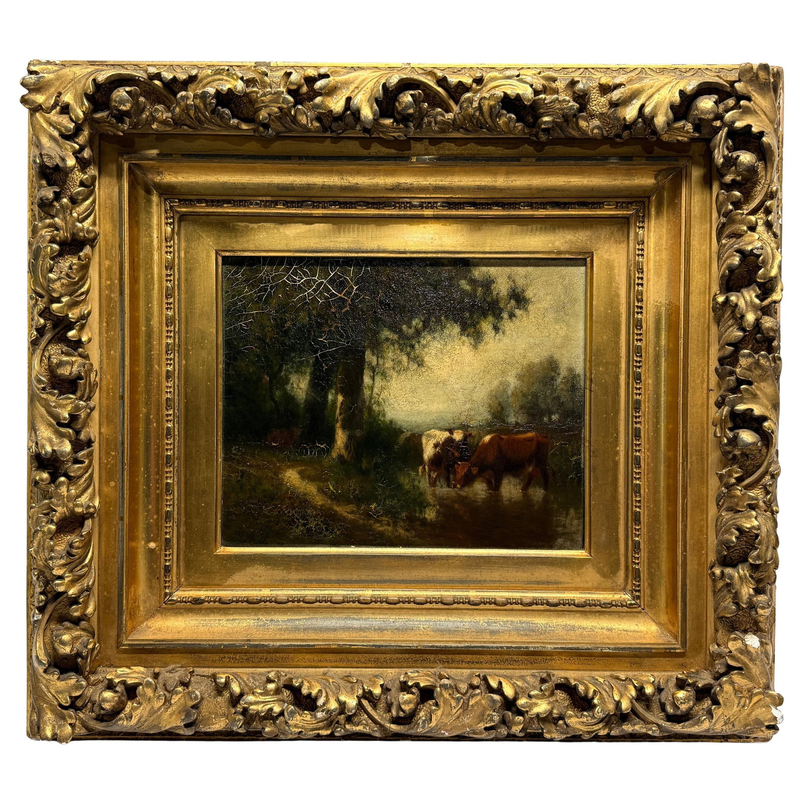 William Hart Oil Painting Cattle at the Water's Edge 19th Century Giltwood Frame: William Hart Oil Painting Cattle at the Water's Edge 19th Century Giltwood Frame Immerse yourself in the serene beauty of William Hart's "Cattle at the Water's Edge," an exquisite oil on canvas that d