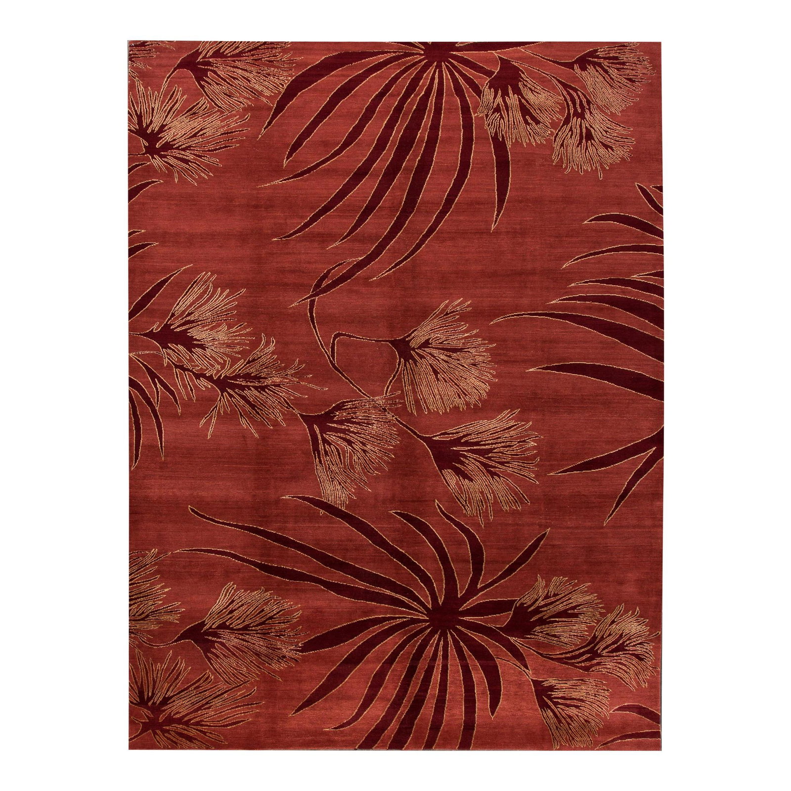 Tibetan Handmade Maroon Wool Silk Rug 9' x 11'10' Floral Design: Tibetan Handmade Maroon Wool Silk Rug 9' x 11'10' Floral Design This exquisite modern Tibetan rug features a stunning hand-knotted design made from a luxurious blend of wool and silk. The rich maroon 