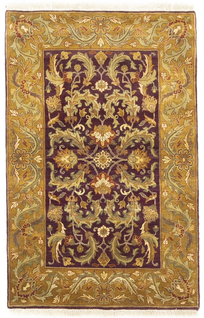 Hand-Knotted Wool Area Rug Floral Pattern 3'11 x 6'1 Modern Indian Carpet: Hand-Knotted Wool Area Rug Floral Pattern 3'11 x 6'1 Modern Indian Carpet This handmade Oriental rug features a thick, medium pile with a floral pattern, crafted in India using hand-knotted wool. The 