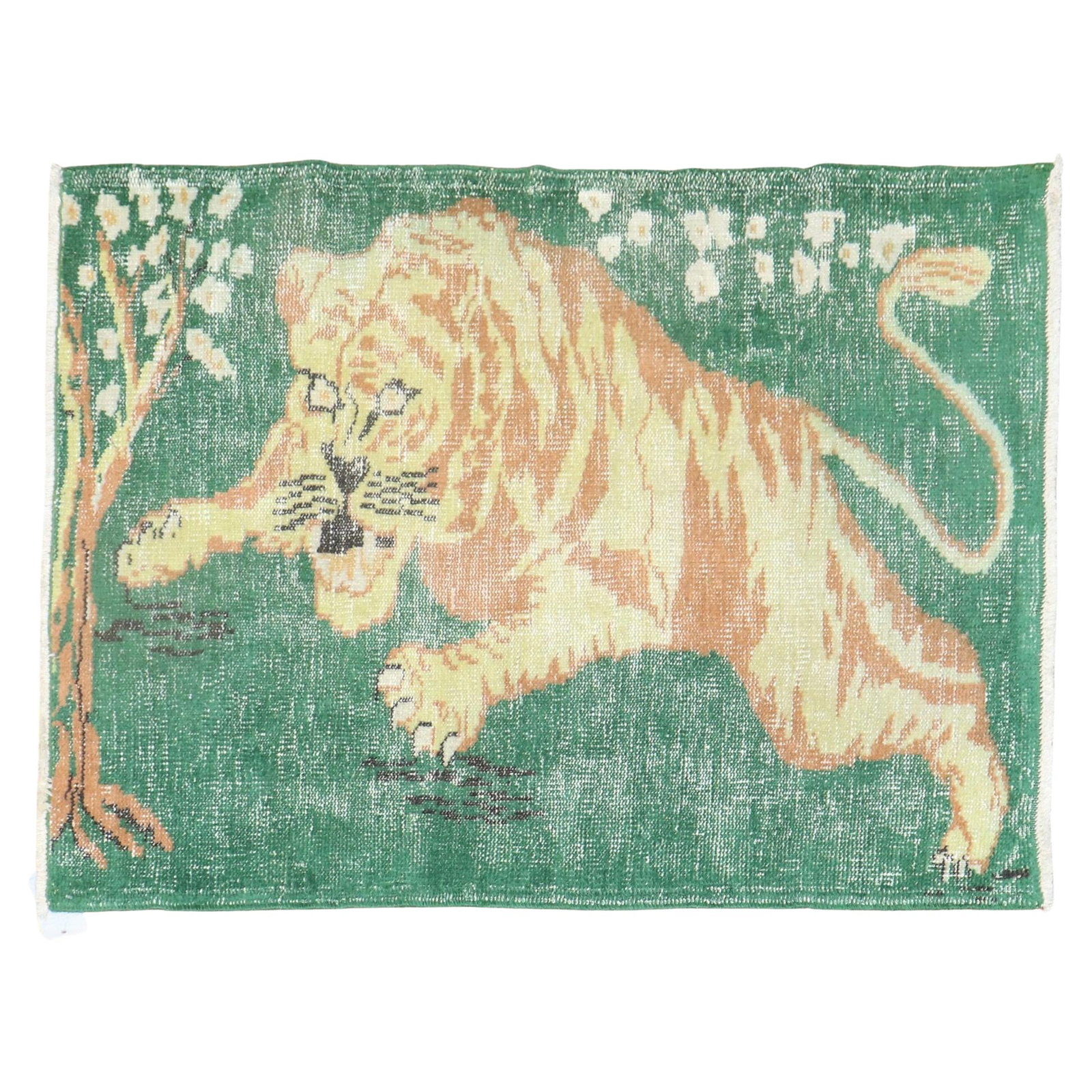 Unique Vintage Turkish Hand-Knotted Wool Tiger Rug Bohemian Style: Unique Vintage Turkish Hand-Knotted Wool Tiger Rug Bohemian Style Discover the unique charm of this one-of-a-kind vintage Turkish pictorial rug featuring a striking tiger design on a vibrant green bac