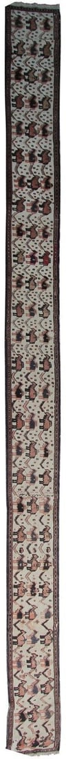 Antique Senneh Wool Runner Rug 2x19 Raised Pile Animal Motif: Antique Senneh Wool Runner Rug 2x19 Raised Pile Animal Motif This is an authentic antique Persian Senneh runner rug, dating to circa 1890. Hand-knotted from 100% wool with a cotton foundation, the rug