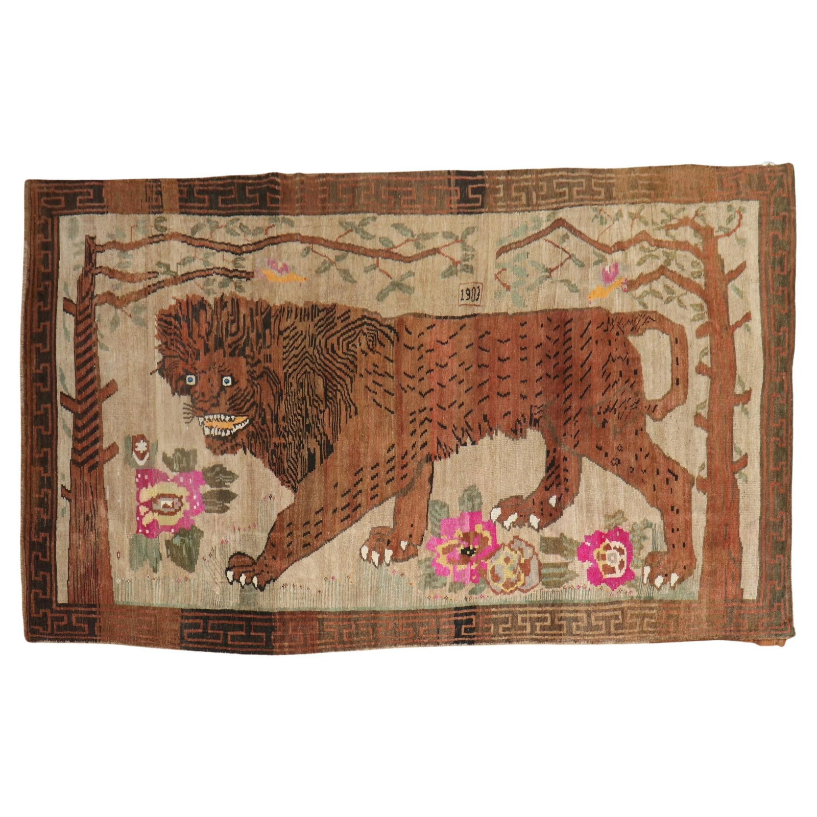 1903 Turkish Wool Folk Art Lion Room Rug: 1903 Turkish Wool Folk Art Lion Room Rug This rare room-sized Turkish rug, dated 1903, features a striking depiction of a large lion on a rich brown field, hand-woven from high-quality wool. Originati