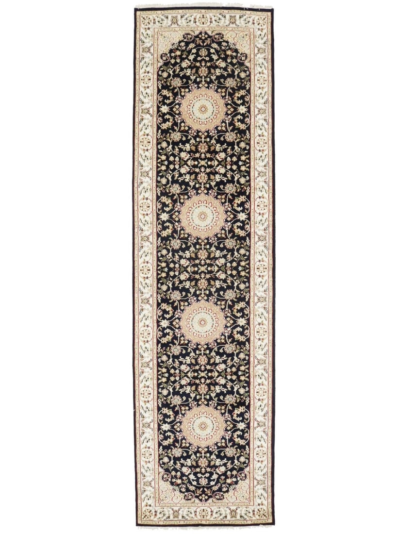 Wool Indo Nain Floral Runner 2'9 x 10'4 Dark Navy: Wool Indo Nain Floral Runner 2'9 x 10'4 Dark Navy Enhance your space with this stunning Hand-Knotted Indo-Nain Oriental Runner, featuring a captivating dark navy floral pattern. Measuring 2'9" x 10'4"