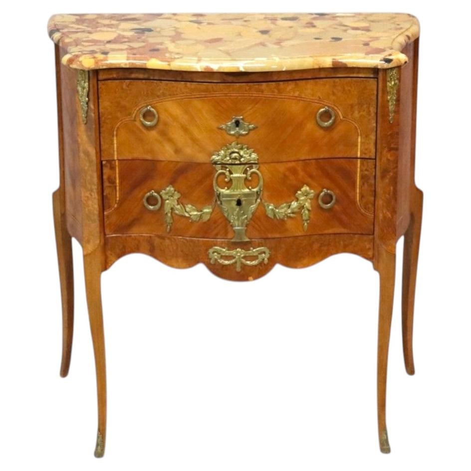 French Rococo Satinwood Burl Marble Top Two Drawer Stand c1930 (1 of 15)
