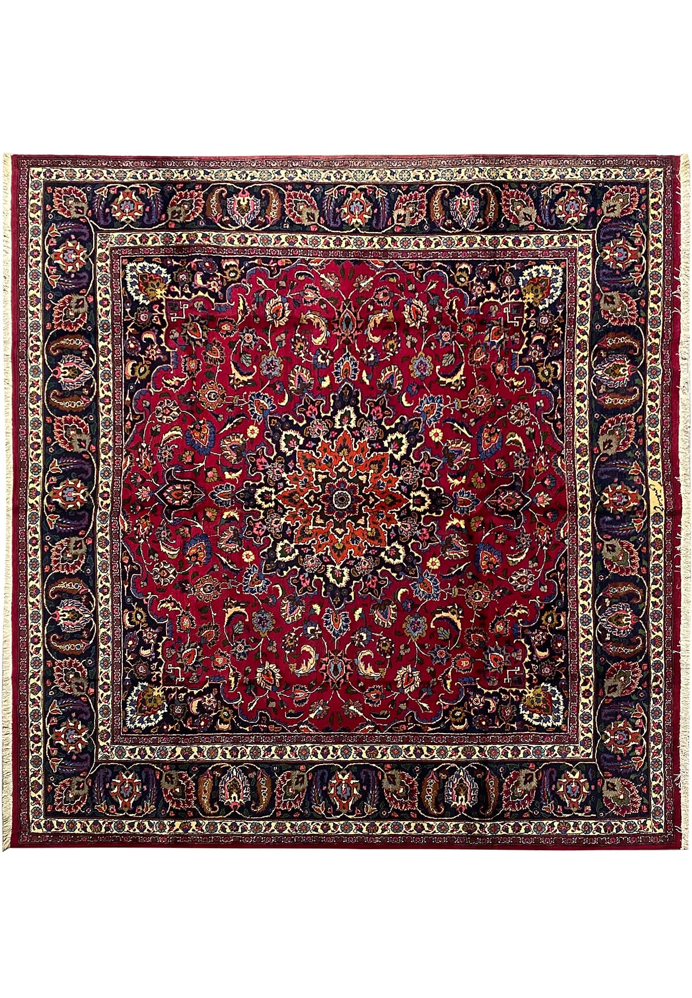 9.8 x 10.3 Signed Persian Square Rug Hand Knotted Wool Burgundy Blue: 9.8 x 10.3 Signed Persian Square Rug Hand Knotted Wool Burgundy Blue Free continental US Shipping This square Persian rug measures 9.8 x 10.3 and features a traditional burgundy and blue design with f