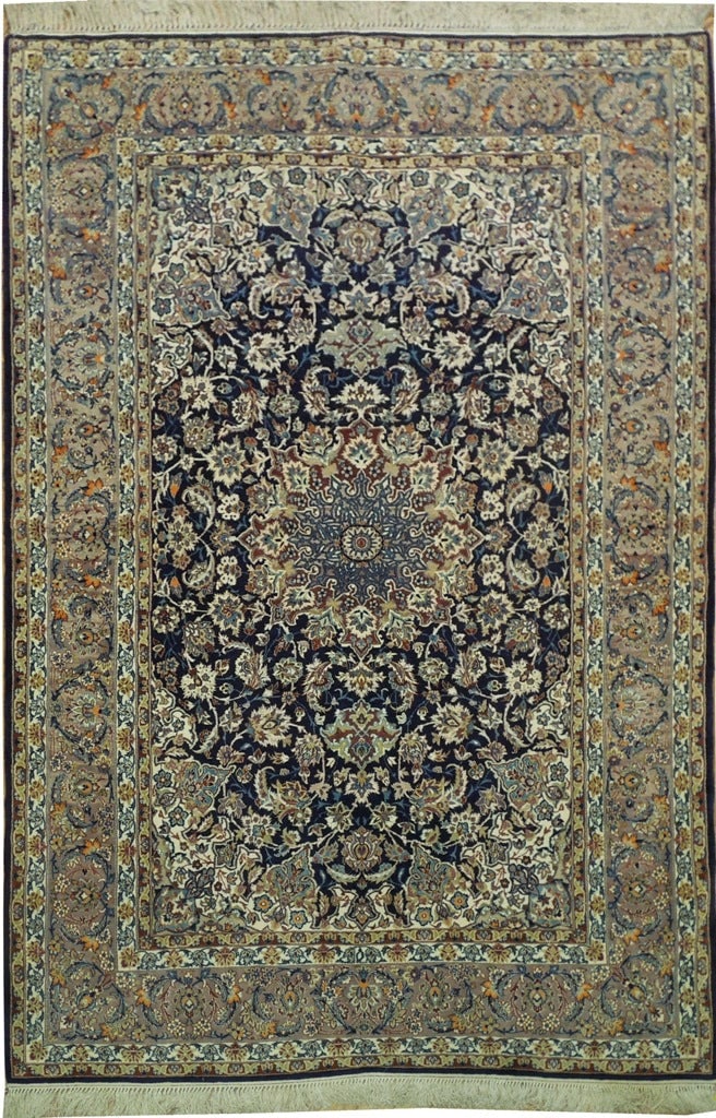 5 x 7.9 Persian Esfahan Hand-Knotted Wool and Silk Rug Authentic: 5 x 7.9 Persian Esfahan Hand-Knotted Wool and Silk Rug Authentic Free continental US Shipping This authentic Persian Esfahan rug is a hand-knotted masterpiece crafted by skilled artisans. Made from pr