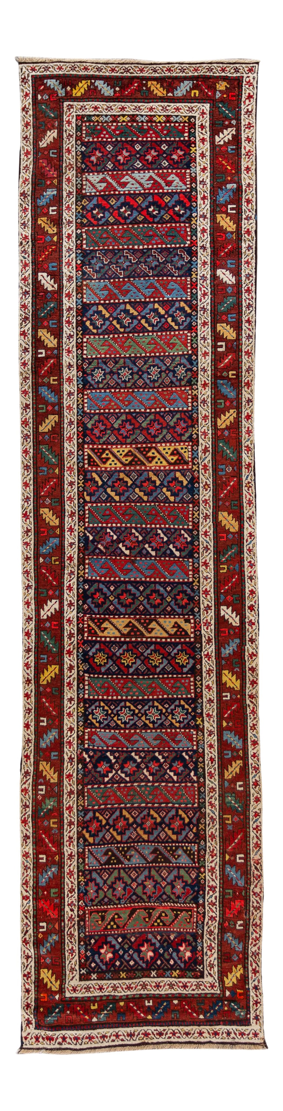 19th Century Kazak Handmade Wool Runner Red Blue Ivory Geometric 3'9 x 14'3: 19th Century Kazak Handmade Wool Runner Red Blue Ivory Geometric 3'9 x 14'3 This exquisite 19th Century Antique Kazak Handmade Multicolor Wool Runner showcases a stunning red field adorned with blue a