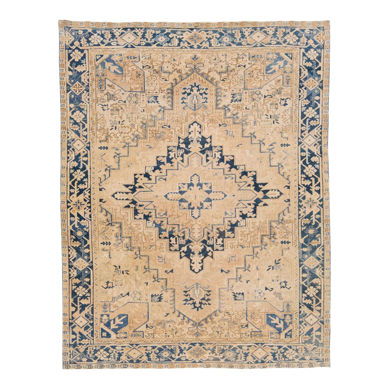 Antique Heriz Handmade Wool Rug 7'3 x 9'2 Tan Medallion Design: Antique Heriz Handmade Wool Rug 7'3 x 9'2 Tan Medallion Design Enhance your space with this stunning antique Heriz hand-knotted wool rug, featuring a warm tan color field complemented by a striking bl