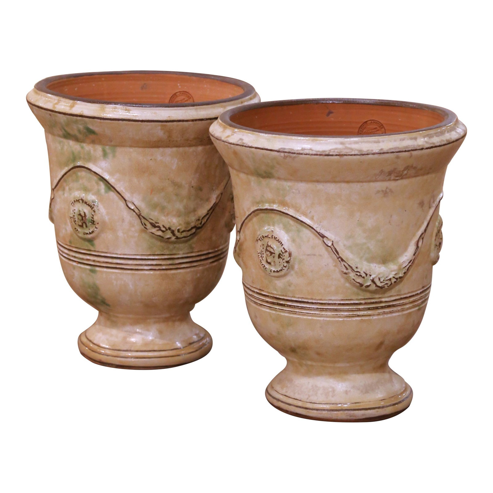 Set of 2 French Anduze Glazed Terracotta Vases with Antiqued Finish (1 of 12)