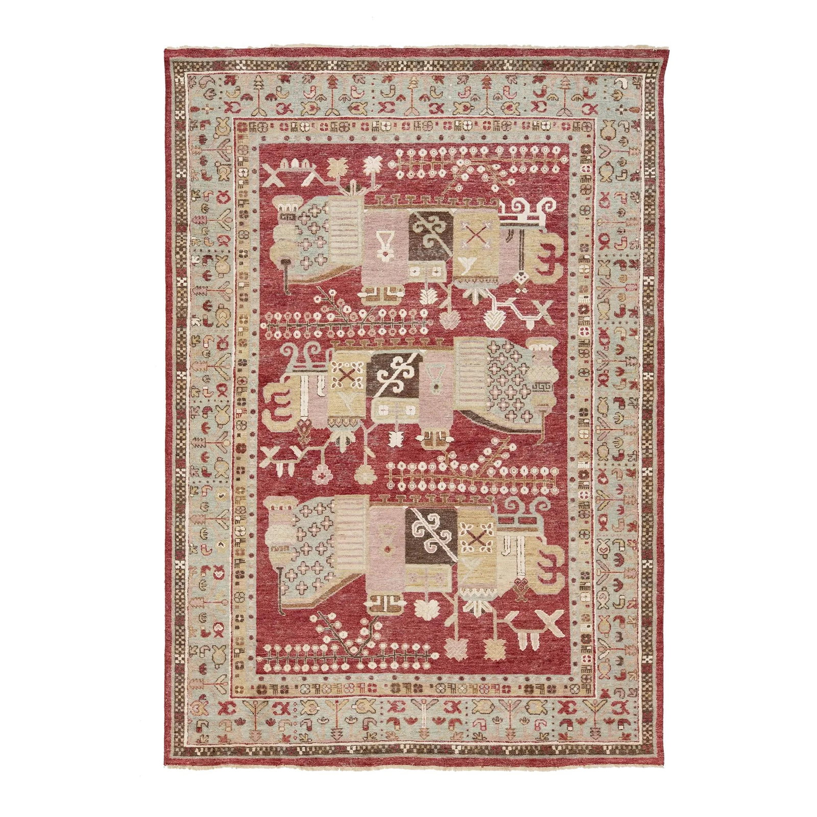 Modern Samarkand Style Handmade Wool Rug 7' x 10' Red: Modern Samarkand Style Handmade Wool Rug 7' x 10' Red Transform your space with this exquisite handmade Indian wool rug, inspired by the traditional Samarkand style. Crafted from high-quality wool, th