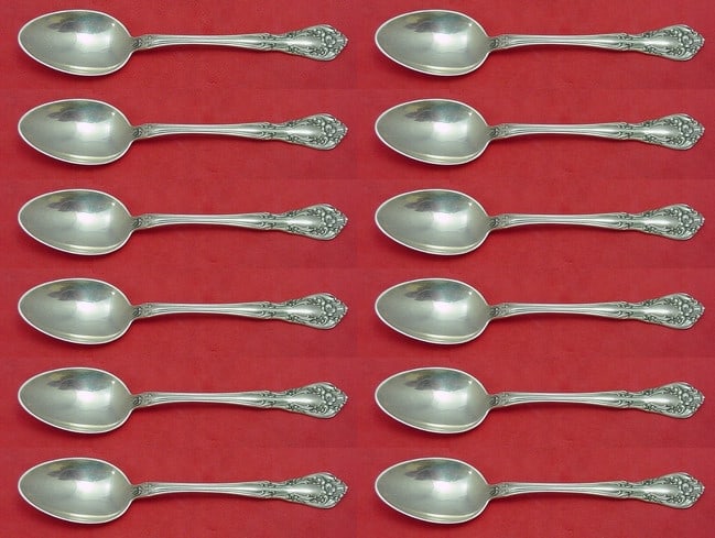 Alvin Chateau Rose Sterling Silver Demitasse Spoon Set 12 pcs 4 1/4": Alvin Chateau Rose Sterling Silver Demitasse Spoon Set 12 pcs 4 1/4" Elevate your dining experience with this exquisite 12-piece demitasse spoon set from the Chateau Rose pattern by Alvin. Crafted fro
