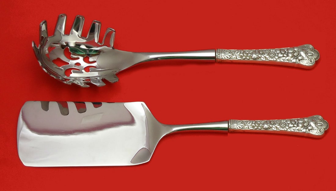 Gorham Cluny Sterling Silver Italian Pasta Server Set 2pc Custom Monogrammed: Gorham Cluny Sterling Silver Italian Pasta Server Set 2pc Custom Monogrammed This exquisite two-piece Italian Pasta Server Set from Gorham's Cluny pattern features a custom-made sterling silver hollow