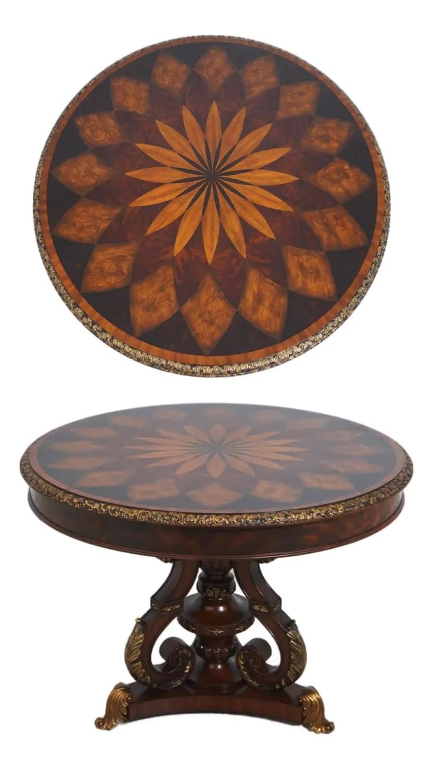 Round Mahogany Center Table with Inlaid Top and Brass Scroll Feet: Round Mahogany Center Table with Inlaid Top and Brass Scroll Feet This round center table features a finely inlaid mahogany top, showcasing quality craftsmanship and subtle gold details. The table is 