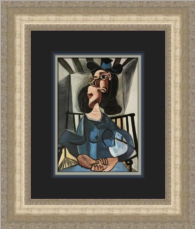 Pablo Picasso Woman Seated in Armchair Custom Framed Print 18 x 14: Pablo Picasso Woman Seated in Armchair Custom Framed Print 18 x 14 This stunning custom framed print by Pablo Picasso, titled "Woman Seated in an Armchair," showcases a remarkable blend of Expressioni