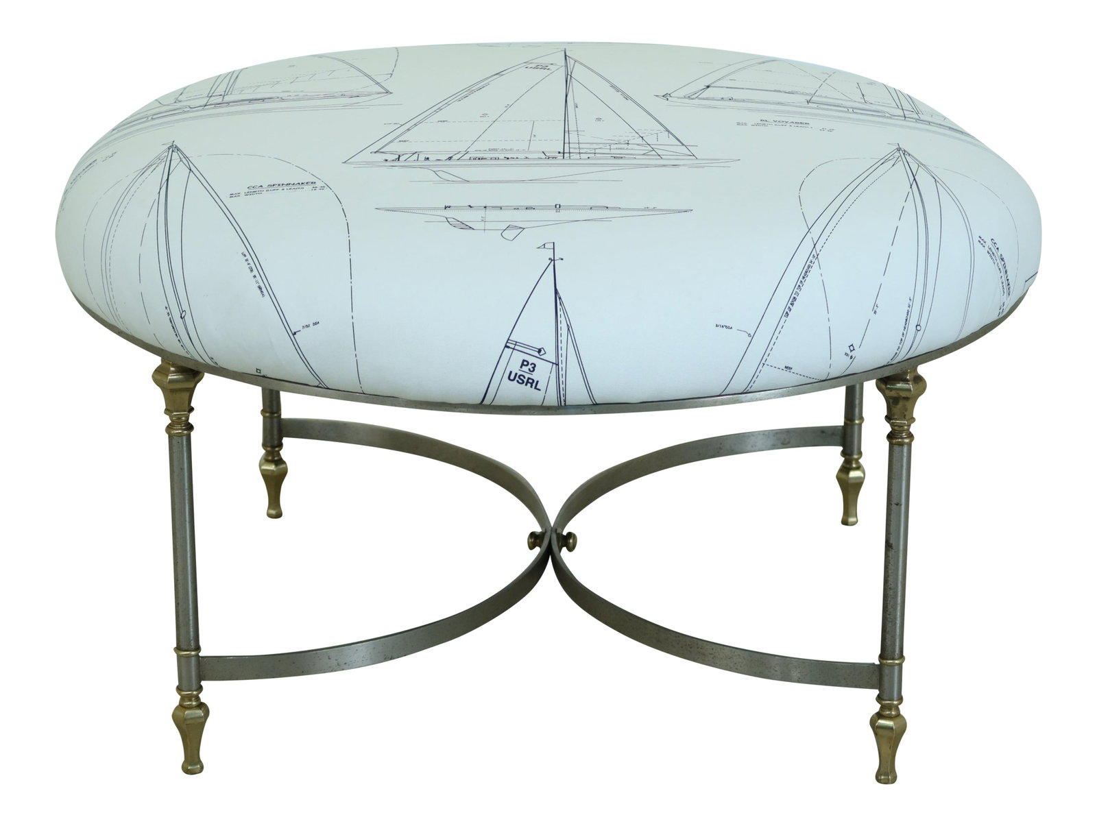 Round Regency Ottoman Brass Steel Base Ralph Lauren Fabric 38" (1 of 10)