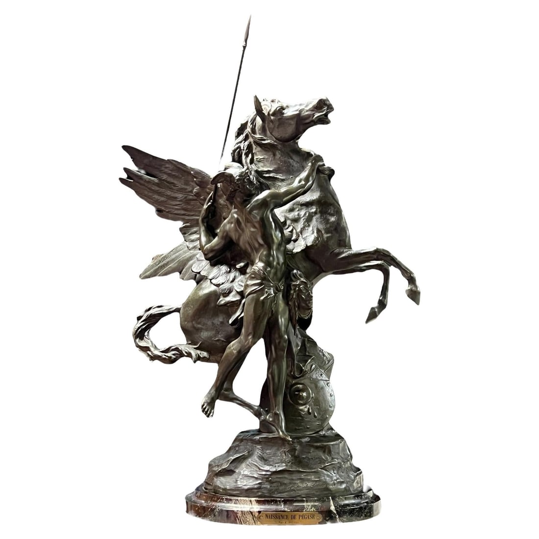 French Spelter Birth of Pegasus Sculpture After Emile Picault on Marble Base: French Spelter Birth of Pegasus Sculpture After Emile Picault on Marble Base This patinated spelter sculpture, created after Emile Picault's original model, depicts the Birth of Pegasus. The piece is 