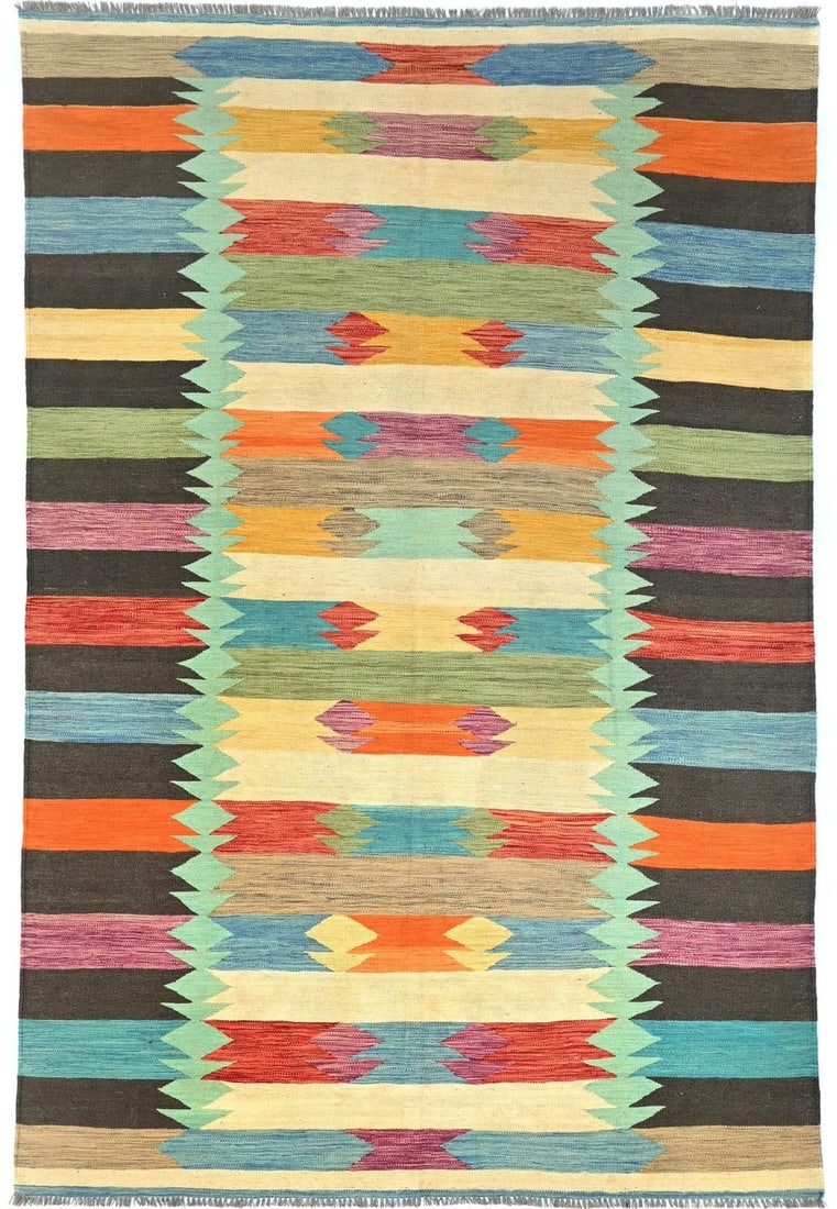 Hand-Woven Wool Geometric Kilim Area Rug 6'6 x 9'10 Multicolor Modern Flatweave (1 of 13)