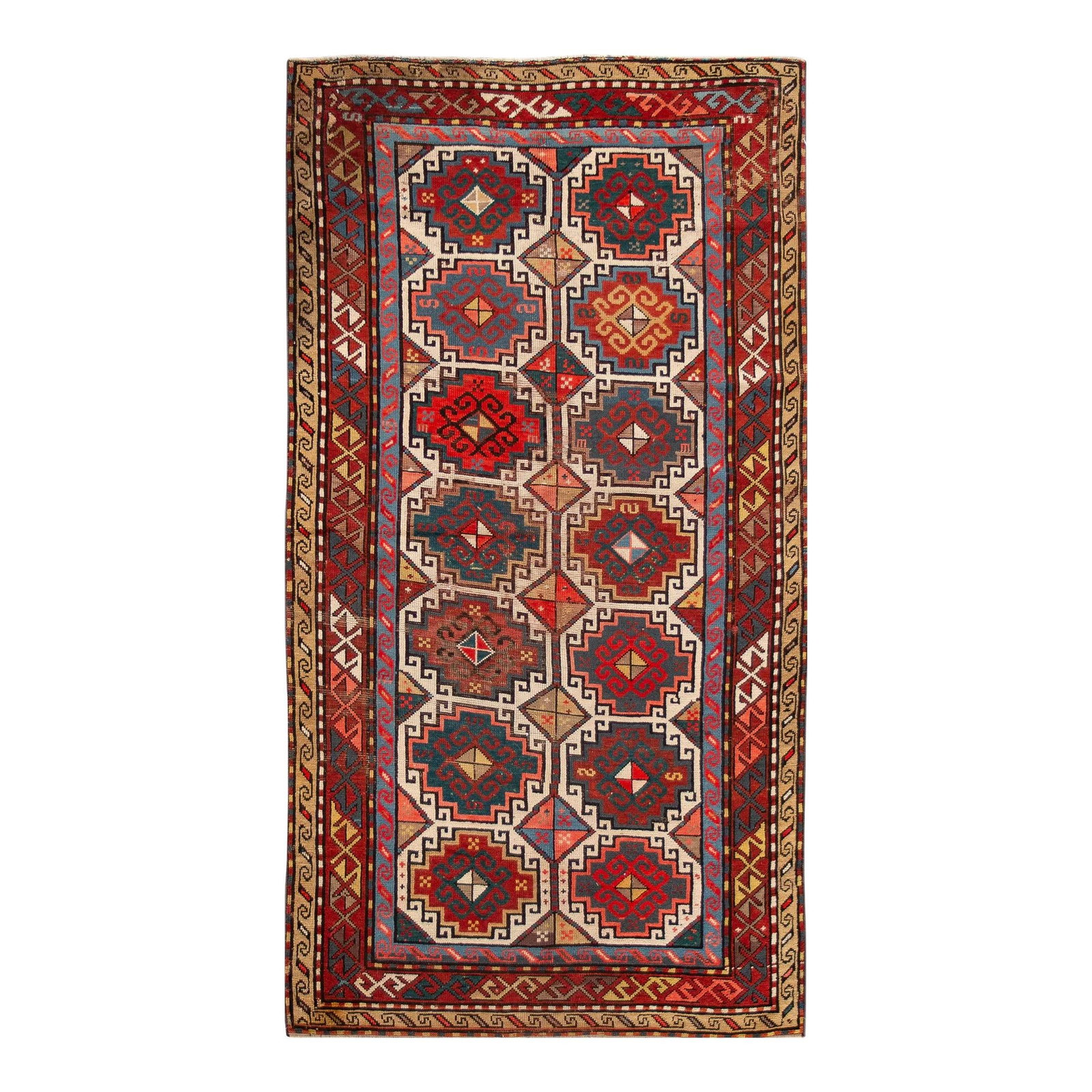 Antique Kazak Gallery Wool Rug Multicolor Geometric Design 4'2" x 8': Antique Kazak Gallery Wool Rug Multicolor Geometric Design 4'2" x 8' This stunning antique Kazak Gallery rug showcases exquisite craftsmanship with its hand-knotted wool construction. Featuring a vibr