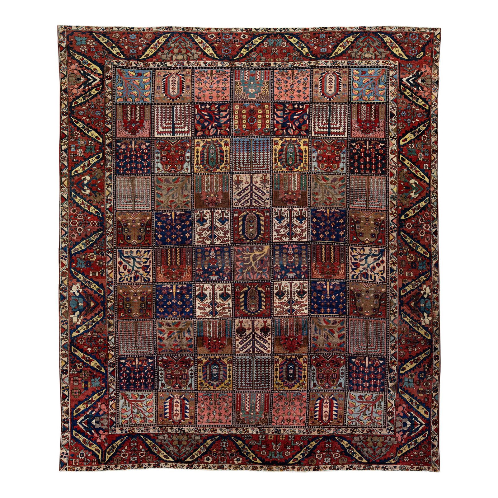 Antique Bakhtiari Handmade Persian Wool Rug Multicolor 11'7 x 14': Antique Bakhtiari Handmade Persian Wool Rug Multicolor 11'7 x 14' This exquisite Antique Bakhtiari hand-knotted wool rug features a stunning rust color field complemented by a classic all-over multico