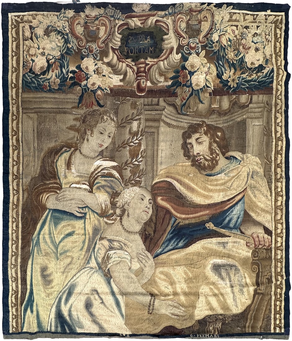 191cm x 216cm 17th Century Flemish Wool Wall Tapestry Figural Floral (1 of 12)