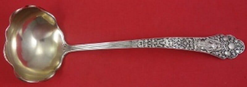Gorham Medici Old Sterling Silver Soup Ladle Gold Washed 13.5 Inch: Gorham Medici Old Sterling Silver Soup Ladle Gold Washed 13.5 Inch This stunning soup ladle is crafted by Gorham in the exquisite Medici Old pattern, dating back to the period of 1850-1899. Made from 