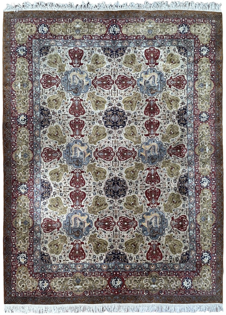 282 x 373 cm Hand Knotted Wool Oriental Vase Dragon Rug: 282 x 373 cm Hand Knotted Wool Oriental Vase Dragon Rug Rare vintage hand-knotted vase dragon rug in an ivory field with floral motifs and decorative borders in burgundy, blue, olive, and ivory tones.