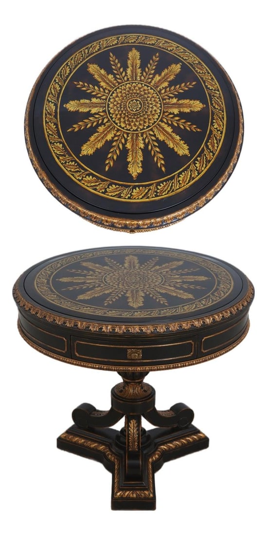 Maitland Smith gold accent pedestal lamp table with eglomise glass top (1 of 10)