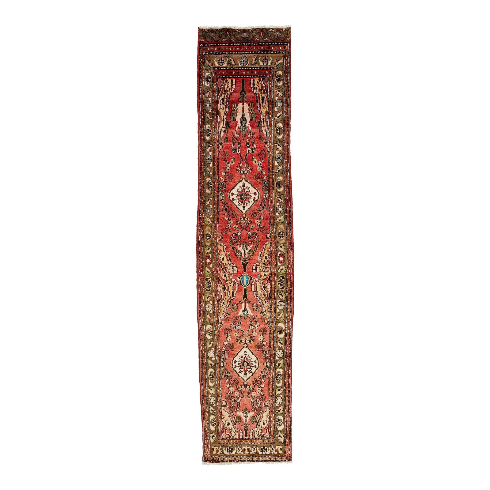 1960s Vintage Hamadan Hand-Knotted Wool Runner Red Floral Rug 2'9 x 12'5: 1960s Vintage Hamadan Hand-Knotted Wool Runner Red Floral Rug 2'9 x 12'5 Enhance your space with this stunning 1960s hand-knotted Hamadan wool rug, featuring an intricate all-over floral motif adorned