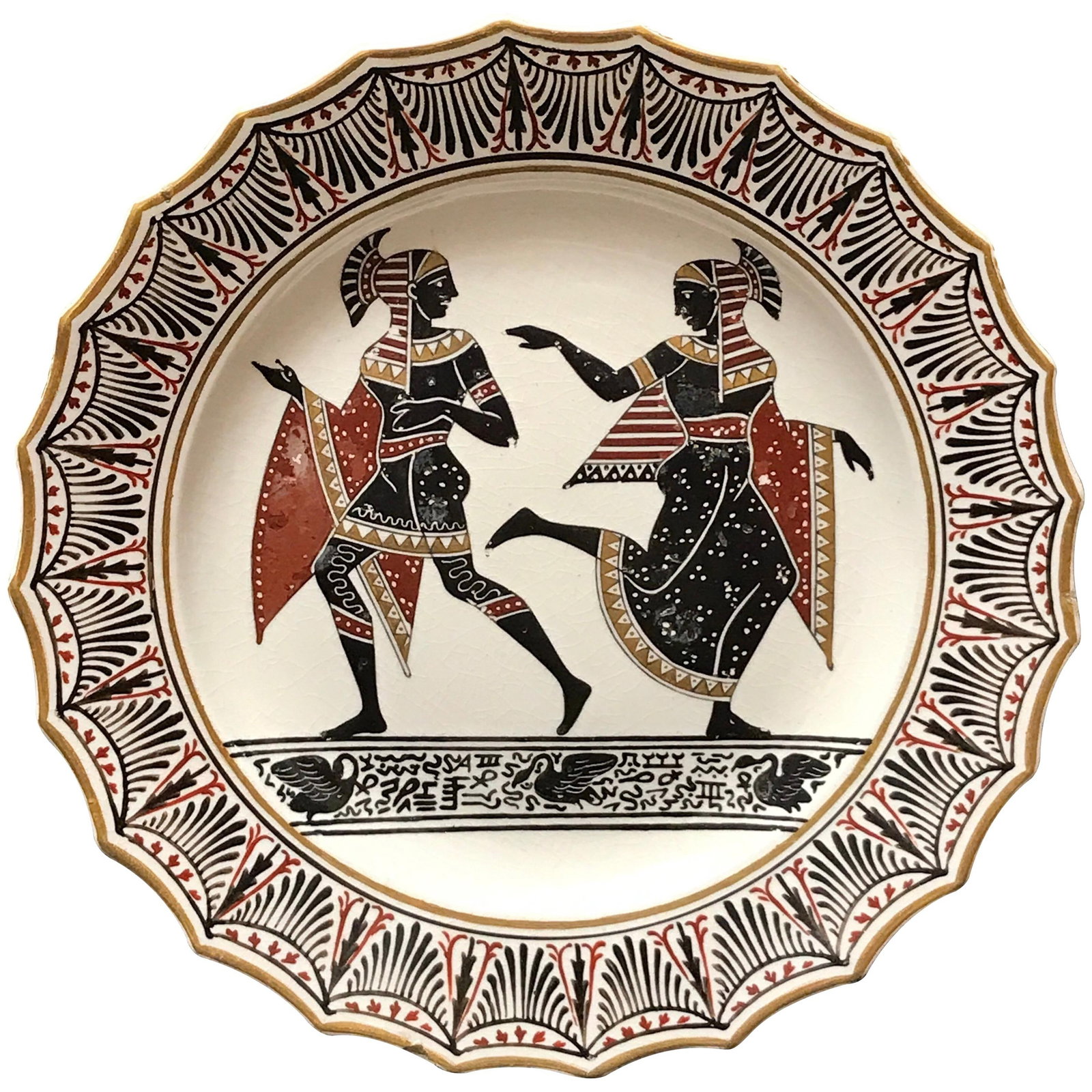 19th Century Giustiniani Egyptomania Pottery Plate with Gilt Swan: 19th Century Giustiniani Egyptomania Pottery Plate with Gilt Swan This exquisite Giustiniani Egyptomania pottery plate features stunning gilt highlights and showcases a beautifully rendered left-facin
