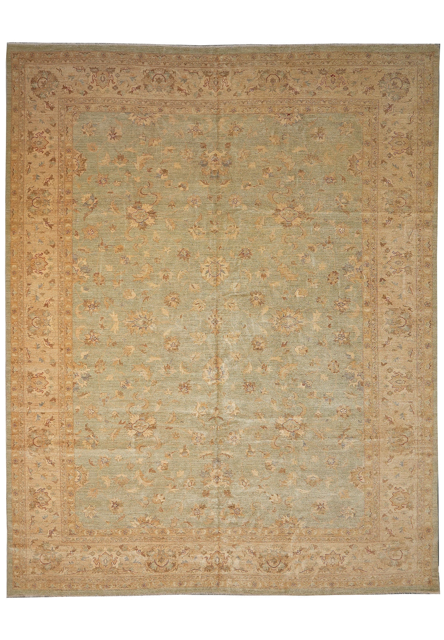 13.1 x 16.6 Hand Knotted Chobi Peshawar Zigler Wool Rug Green Gold: 13.1 x 16.6 Hand Knotted Chobi Peshawar Zigler Wool Rug Green Gold Free continental US Shipping This oversized hand-knotted Chobi Peshawar Zigler rug features a classic design with subtle floral motif